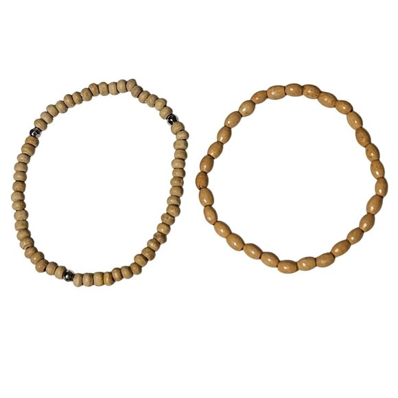 Boho Wooden Beaded Stretch Bracelets Natural Finish Set Of 2 Fashion Jewelry - Picture 1 of 3
